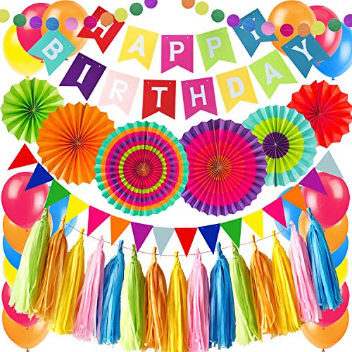 ZERODECO Geburtstagsdeko, Mehrfarbig Geburtstag Dekoration Happy Birthday Girlande mit Papier Fans Fächer Dreieckige Wimpel Papier-Quaste Girlanden und Luftballon
