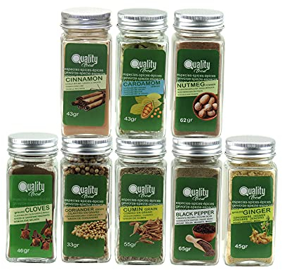 Pack de especias Árabes. Ideal para regalo y uso diario. 8 Tarros de cristal, reutilizables. Cardamomo, cilantro y comino en grano, clavo, pimienta negra, canela, jengibre y nuez moscada.