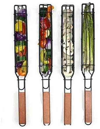 Szaerfa Barbecue Grilling Basket, Stainless Steel BBQ Nonstick Kabob Kebab Grilling Baskets Barbecue Rack, BBQ Skewers Square Grill Mesh with Wooden Handle Barbecue Tool Accessories