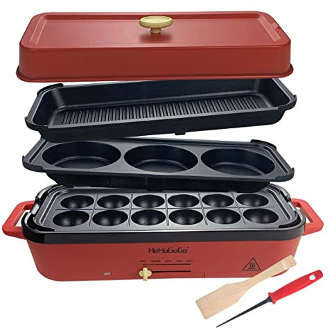 HeHoGoGo Barbecue électrique anti-adhésif multifonction avec 3 poêles interchangeables pour gâteau takoyaki, mini crêpes/steak