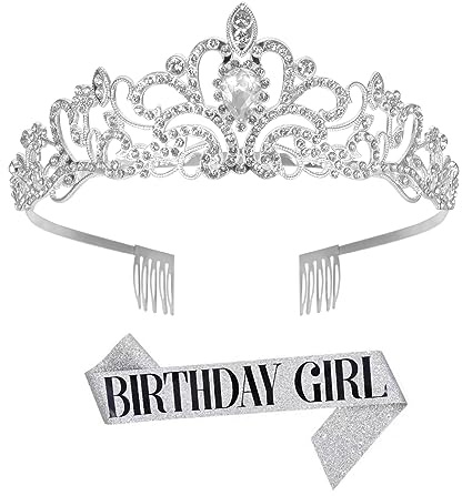 Colexy Corona de Cristal de Corona, Corona de Cumpleaños Tiara con Diamantes de Imitación Peine, Plata Corona de Banda de Cumpleaños Birthday Girl para Mujeres Niñas Fiestas de Cumpleaños