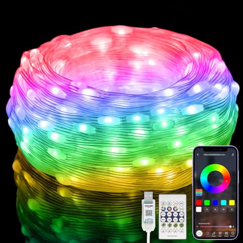 Electight RGB Smart IC Fairy Lights Multicolor 5M/16FT 50 LED, [APP Bluetooth&Remote] String Lights, USB Powered & Waterproof, Music & Voice Control for Indoor Outdoor, Bedroom, Christmas Wedding