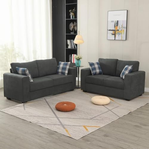 Panana Fabric Sofas, 3 Seater and 2 Seater Set for Living Room With Free Throw Pillows, (Grey)