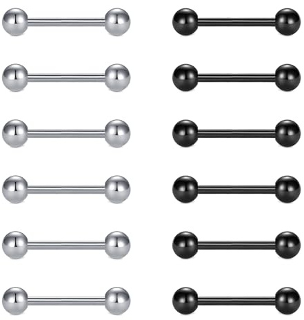 FECTAS 12 st tungpiercing set 14G rostfritt stål metall skivstång silver svart stång tunga smycken 12/14/16/18 mm tungpiercing, Rostfritt stål