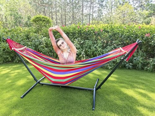 GOCAN Hamaca doble para 2 personas, grande, 220 x 160 cm, con soporte de acero y barra separadora extraíble, carga de 500 libras, hamacas de lona de algodón para patio, porche, jardín, patio trasero,