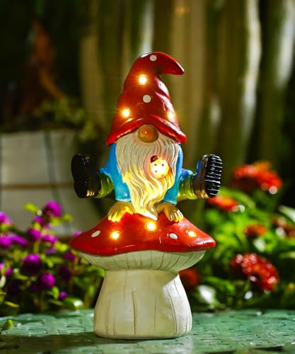 Garden Gnome Statue, Funny Gnome with Hands Supported on Mushroom with Solar Resin Decoration for Patio Lawn Porch Outdoor Decoration