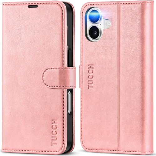 TUCCH PU Leather Case for iPhone 16 (6.1) 2024, Magnetic Shockproof Wallet Case with[RFID Blocking][Viewing Stand]Book Foldable Cover[Protective TPU]Card Holders Compatible with iPhone 16, Rose Gold