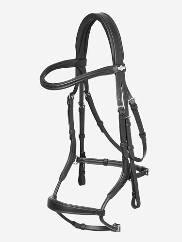 LeMieux Arika Adjustable Anatomic Noseband Bridle - Luxurious Soft Oiled Padded Leather - Black/Silver - Full
