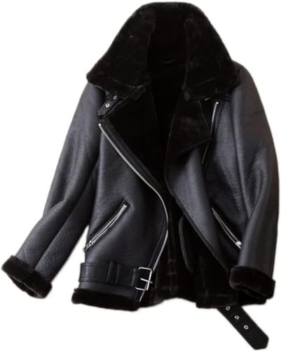Veste de Moto en Fausse Tonte pour Femme Parka doublée épaisse Manteau en Peau de Mouton retournée d'hiver Veste en Cuir