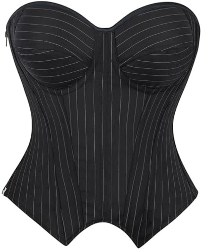 Black Corset Top for Women Strapless Lace Up Pinstripe Bustier Going Out M