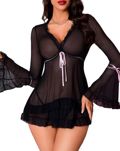 Aranmei Sexy Lingerie for Women Vintage Ruffle Trim Mesh Long Sleeve Nightwear Sexy Nightdress Lingerie Set
