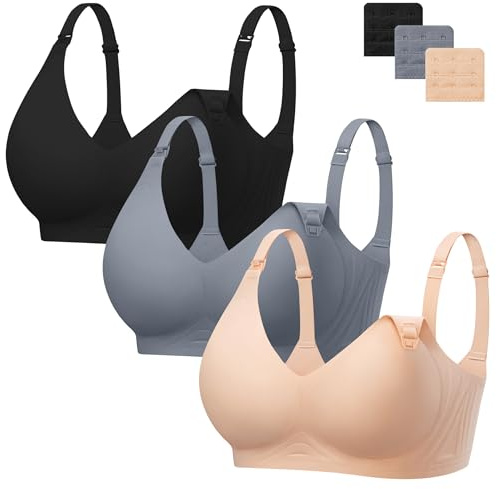 Angelhood 3 Pack Nursing Bras for Breastfeeding Seamless Pregnancy Maternity Bra Wireless Sleep Bralette with Extenders, Black/Beige/Blue, XXL