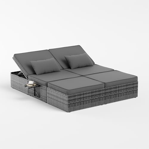 UDPATIO Transat Jardin Extérieur en Rotin - Bain de Soleil Double avec Plateaux Latéraux Repliables et Dossier Réglable 5 Niveaux, Lit de Jardin Résistant Jusqu'à 400kg, pour Piscine ou Terrasse, Gris