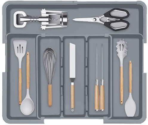 Glowjoy Range Couverts pour Tiroir, Range Couverts, Plateau d'Ustensiles Extensible pour Tiroir, Support de Rangement en Plastique pour Couverts pour Cuisine (Gris)