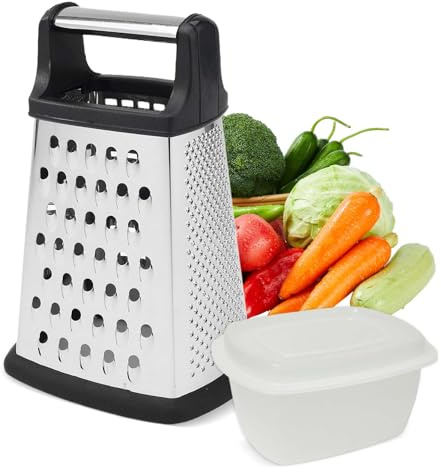 Rallador de verduras 4 en 1 de acero inoxidable – Rallador multifunción con recipiente para queso, zanahorias, patatas y corte rápido – utensilio de cocina duradero y antideslizante