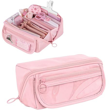 Aleshime Pencil Case Large Capacity for Boys Girls, Big Storage Pencil Pouch Pencil Bag with 9 Compartments, School Office Stationery Organizer for Teenage Adult Women Men (Pink)