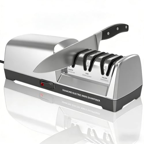 Electric Knife Sharpener 3 Stage, With 100% Diamond Abrasives and 15° Precision Angle Guides, Knife Sharpener Electric for all Kitchen Knives, Super Quiet Sharpenning and Polishing, Silver