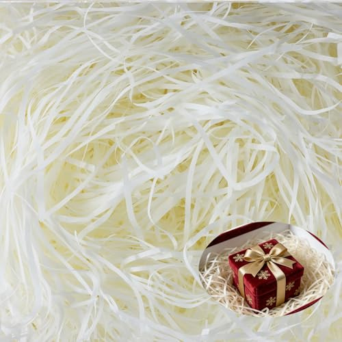 Nasxkji 250g Papier Déchiqueté Raffia Remplissage Blanc Laiteux – Frisure de Papier Décoratif pour Panier Cadeau, Emballage Boîte Cadeau et Fête