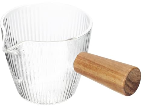 NOLITOY Bricco Latte in Vetro con Beccuccio Singolo e Manico in Legno Acacia Multiuso per Casa e Caffetteria Facile da Pulire e Adatta Latte Sciroppi e Gelati