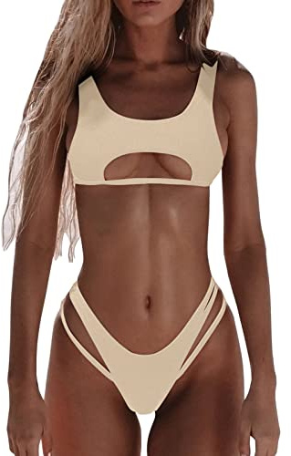 Bikini Sets for Women UK 2026 Women's Bandeau Bandage Bikini Set Womens Sexy 2Pcs Bikinis Set Scoop Neck Cutout Swimsuit High Cut Solid Beachwear Push Up Brazilian Beachwear Swimsuit Tow Piece Beige