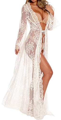 L-Peach Damen V-Ausschnitt Langes Spitzen Kleid Maxi Strandkleid Pareo Cover ups