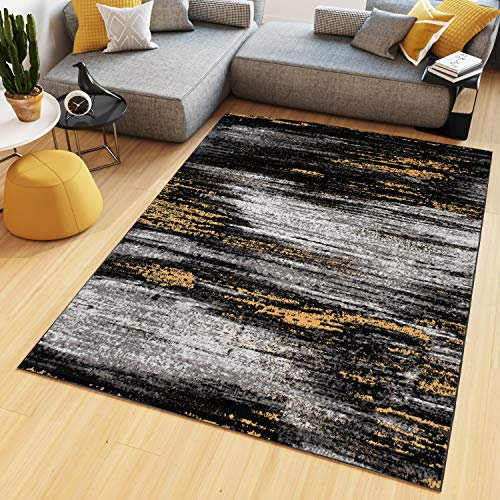 TAPISO Maya Teppich Kurzflor Modern Verwischt Meliert Streifen Design Schwarz Grau Gelb Weiß Wohnzimmer Schlafzimmer ÖKOTEX 140 x 200 cm