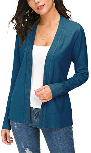 Elegant ledig damkofta, solid, långärmad kofta, lätt, stickad kavaj, Indigo blå, S