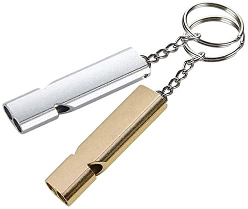 XCOZU 2 Pack Emergency Whistle, Whistle Gold Silver Double Tube Outdoor Survival Whistle Camping Whistle, All Weather Whistle Keyring for Outdoor Hiking Hunting Mountain Keychain Whistle
