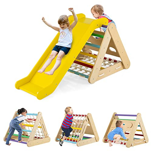 HONEY JOY 4-in-1 Triangle Climber with Ramp, 3-Side Kids Climbing Triangle Ladder with Net Rope & Bars, Wooden Montessori Climbing Toys for Toddlers Daycare, Gym & Playground, Gift for Boys Girls