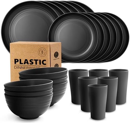 Teivio 24-Piece Kitchen Plastic Dinner Set, Service for 6, Dinner Plates, Dessert Plates, Cereal Bowls, Cups, Unbreakable Plastic Plates and Bowls Set, Outdoor Camping Dishes, Black