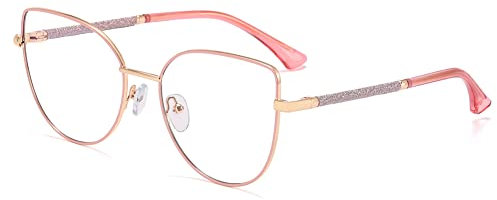 kachawoo Anit blått ljus glasögon stor kattöga metall glitter ram datorglasögon för dam pojke glasögon med blå ray-lins, Rosa guld ram, Large
