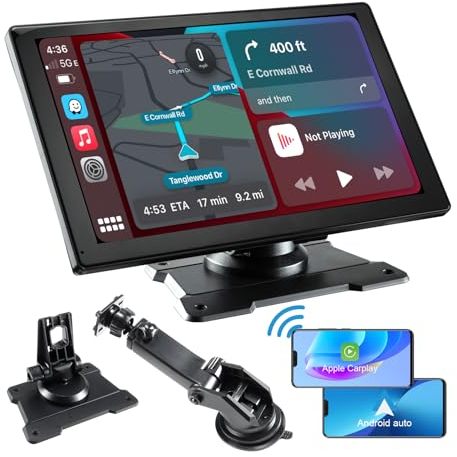 9 Zoll Kabelloses Autoradio Apple Carplay & Android Auto, Carplay-Monitor mit Externer Kamera,Tragbare Auto-Audioempfänger mit Bluetooth 5.0 AirPlay, GPS, Sprachassistent, AUX/FM-Transmitter