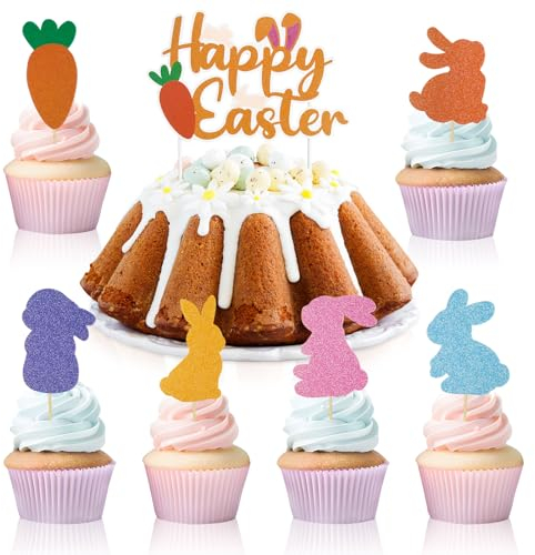 13pcs Pâques Décoration Gâteau Cake Cupcake Topper HAPPY Easter Lapin Carotte Gâteau Topper en Papier à Paillette Déco Joyeuses Pâques pour Anniversaire Fête Célébration Thème de Pâques