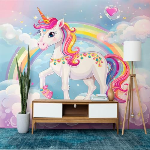 Panorama Carta da Parati Murale 200 x 140 cm (WxH), Cartone animato unicorno arcobaleno Carta da Parati Fotografica, Colorato Carta da Parati Murale, Adesivo da Parete Poster Decorativo con Effetto 3D