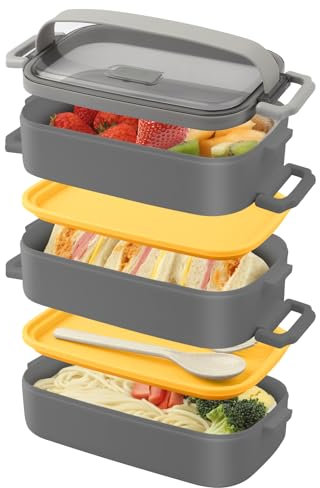 Beeptrum Brotdose, Lunchbox Erwachsene,stapelbare 2200ml Bento Lunchbox mit Utensilienset, 3 Fächer verstellbar, auslaufsicher, BPA-frei, mikrowellengeeignet,Grau