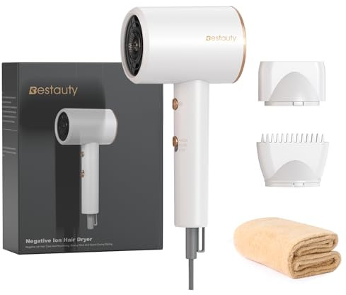 Bestauty Secador Pelo, 2000W Secador Pelo Ionico con 2 Velocidades y Botón de Aire Frío, Secador de Pelo Ligero de Secado Rápido con 2 Boquillas, para Viajes/Viajes de Negocios, Blanco Perla