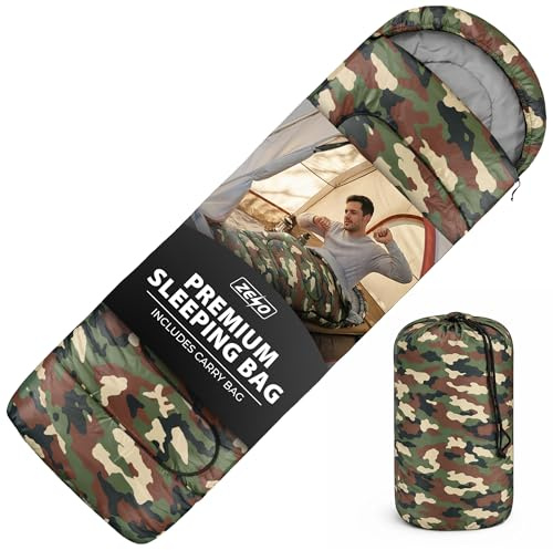 ZENO Sleeping Bag | Sleeping Bags For Adults | Waterproof & Lightweight | 3 Season Sleeping Bag | Includes Lightweight Carry Bag | Ideal For Cold & Warm Weather | Comfort Padded (Camo)