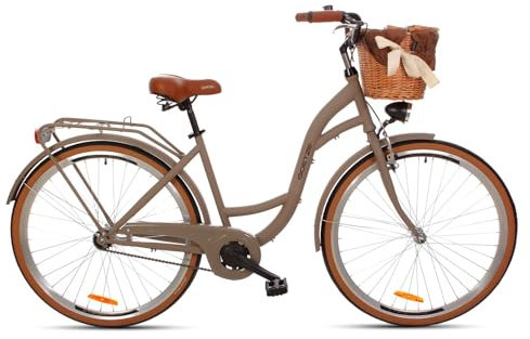 Goetze Style 28 Zoll Damen Citybike, 18 Zoll Tiefeinsteiger Stahlrahmen, 1-Gang Rücktrittbremse, V-Bremse vorne, LED-Beleuchtung, Rattankorb, Komfortsattel, mit Seitenständer & Klingel