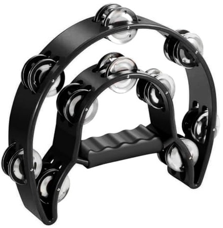 Voarge Tambourin halvmåne dubbel måne trumma musik metall jingles tamburin hand tamburin (svart)