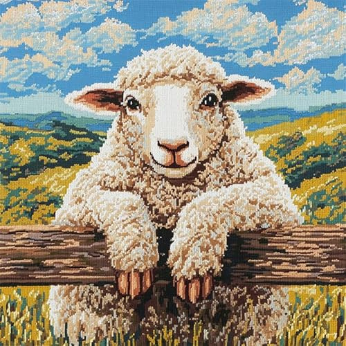 XDEGHUANGSS Latch Hook Cushion Kits for Beginners Farm Sheep,Latch Hook Pillow Case Kit Embroidery Kits 17x17Inch, DIY Needlework Pillow Cover Sofa Cushion Rug Making Kits, DIY Craft Kits 43x43 cm