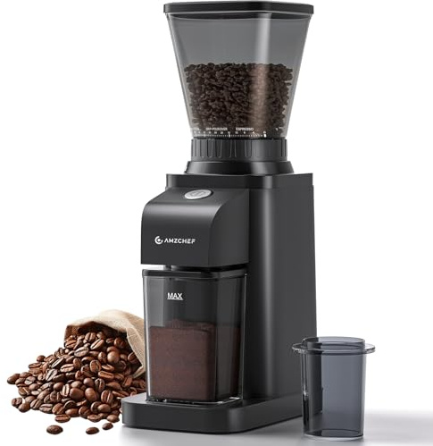 AMZCHEF Kaffeemühle,Kaffeemühle Elektrisch mit 48 Mahlgrad, Kaffeebohnenmühle mit 250 g Fassungsvermögen für Filterkaffee, Espresso, French Press, antistatisch, Ein-Knopf-Schalter