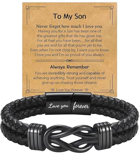 Floruvia Bracciale in Pelle Nera per Uomo, Bracciale Nodo Infinito per Figlio Nipote Fratello Padre Marito, Regalo Gioiello per Natale Compleanno Diploma