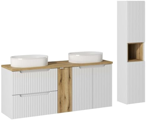 Deconation Ensemble Salle De Bain Meuble Double Vasques + Plateau Effet Chêne 140 Cm + Colonne - A Portes + Tiroirs - Astral Blanc