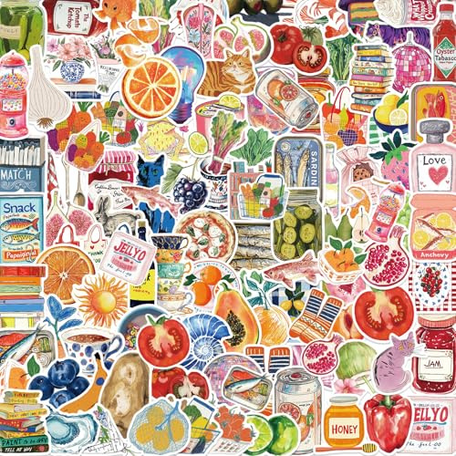 100 Pieces Vintage Aesthetic Food Stickers Pack, Cute Stickers Scrapbook Supplies, Cute Cartoon Watercolour Designs Journaling Supplies Suitable for Laptop Water Bottle and Journaling