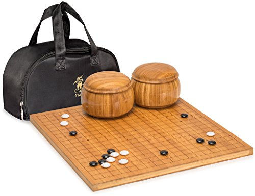 Yellow Mountain Imports Bambus Geätzt Wendbar 19 x 19/13 x 13 Go-Spielbrett-Set (2 cm) mit Doppelt Konvexen Melamin-Steinen und Bambus-Schalen - Klassisches Strategie-Brettspiel (Baduk/Weiqi)