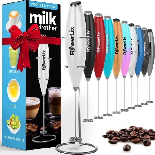 PowerLix Milchaufschäumer Stab, Milchschäumer Elektrisch - mit Edelstahlständer 15-20s, 19000 U/min, Batteriebetriebener Milk Frother für Kaffee, Latte, Cappuccino, Heiß & Kalte Schokolade