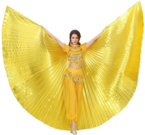 Leemiman Ailes de danse orientale pour femme - Costume de danse du ventre pour Halloween, carnaval, spectacle, ailes d'ange avec bâtons, doré, Taille unique