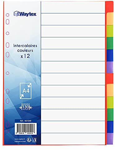 WAYTEX 931348 A4-flikar 12 neutrala tangenter i polypropylen med ljusa färger med index