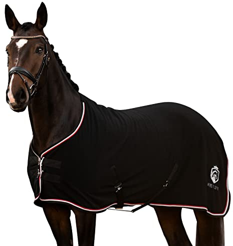 EQUILYX® Abschwitzdecke Pferd mit Kreuzgurten [perfekte Passform] Fleecedecke Stalldecke Transportdecke wärmend feuchtigkeitsabsorbierend atmungsaktiv (Schwarz, 145cm)