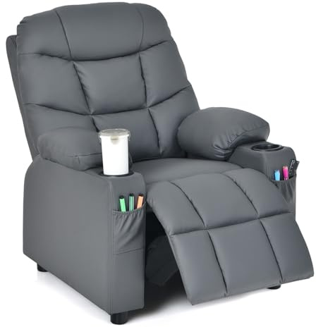 GLACER Kids Recliner Chair w/Cup Holder & Side Pockets, Children Recliner w/Comfortable Backrest, Armrests & Footrest, Toddler PU Leather Recliner for Boys Girls, 3+ Age Group (Grey)